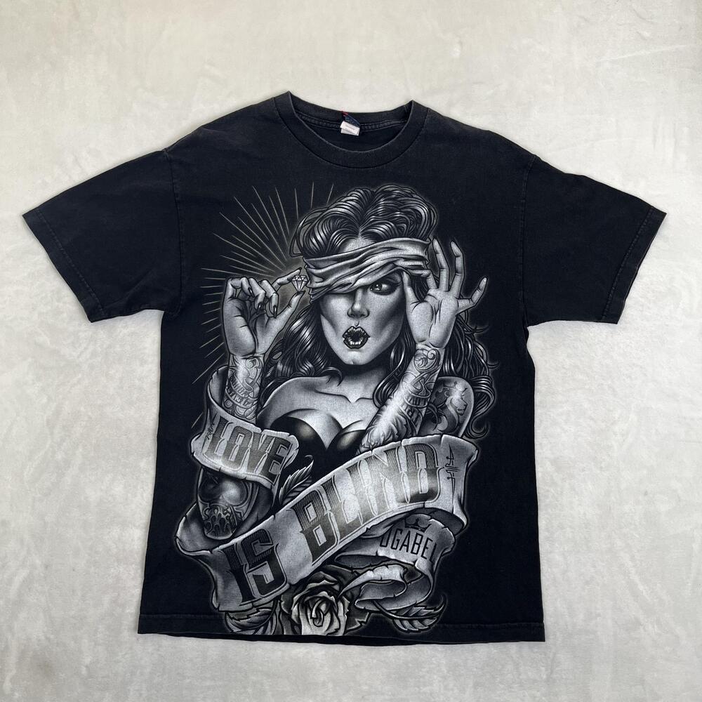 OG Abel T-Shirt Mens Large Black Love Is Blind Tattoo Girl Graphic Gothic Y2K
